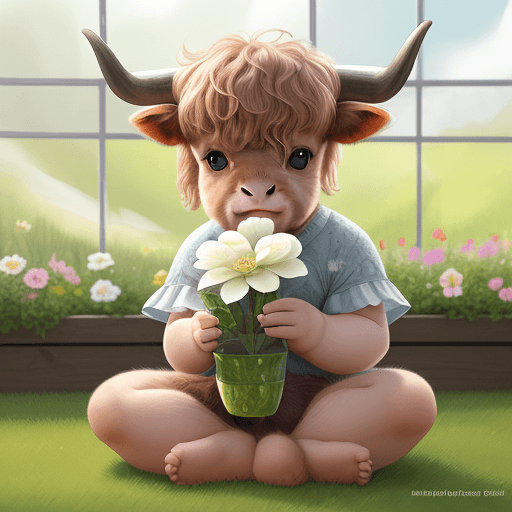 AI generated: Adorable cute happy baby Scottish highland cow with dreamy eyes, sitting down and holding a flower, ...