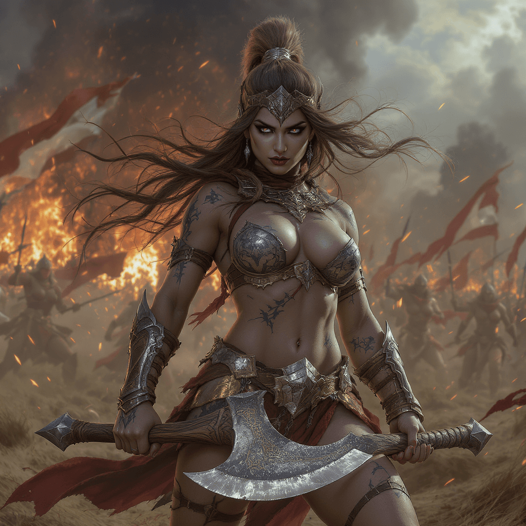 AI generated: Datamoshing. Full body shot 3/4 view of a young beautiful tattooed and scarred female barbarian warr...