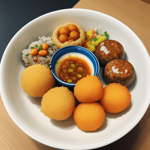 AI generated: Hyper realistic eye level sausage on bowl, tempura, fish ball, fish cake
