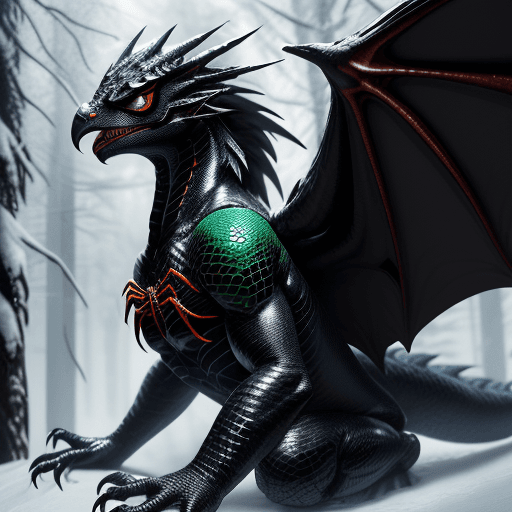 AI generated: handsome cute black dragon in snowy forest, wearing spiderman jacket,dnd character, background focus...