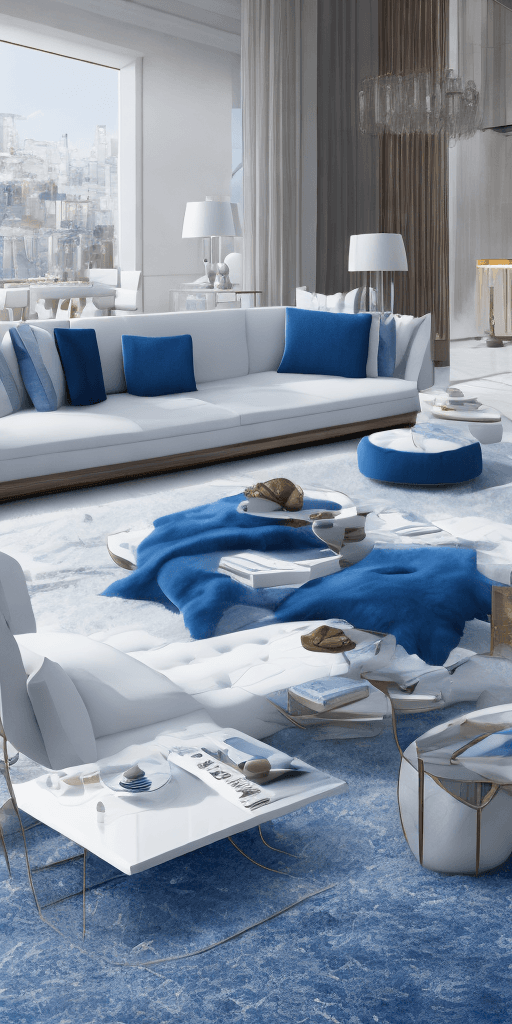 AI generated: Photorealistic, 4k, high resolution, high detail, luxury, living room with a blue couch and a white ...