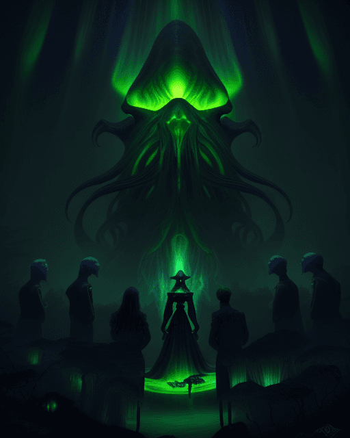 AI generated: Auroral Dreamscape: Mandatory Staff Meeting with the Ominous Black Cthulhu mythos under the soft glo...