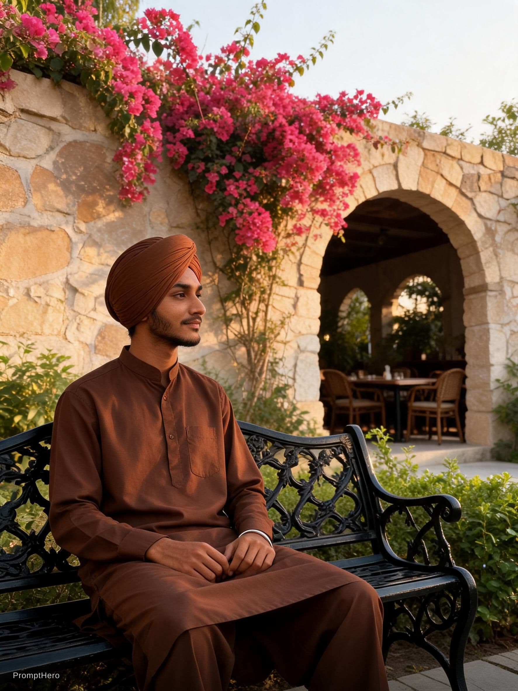 AI generated: 
A wide-angle, cinematic photograph of a young Punjabi man with a neatly tied dark brown turban and ...