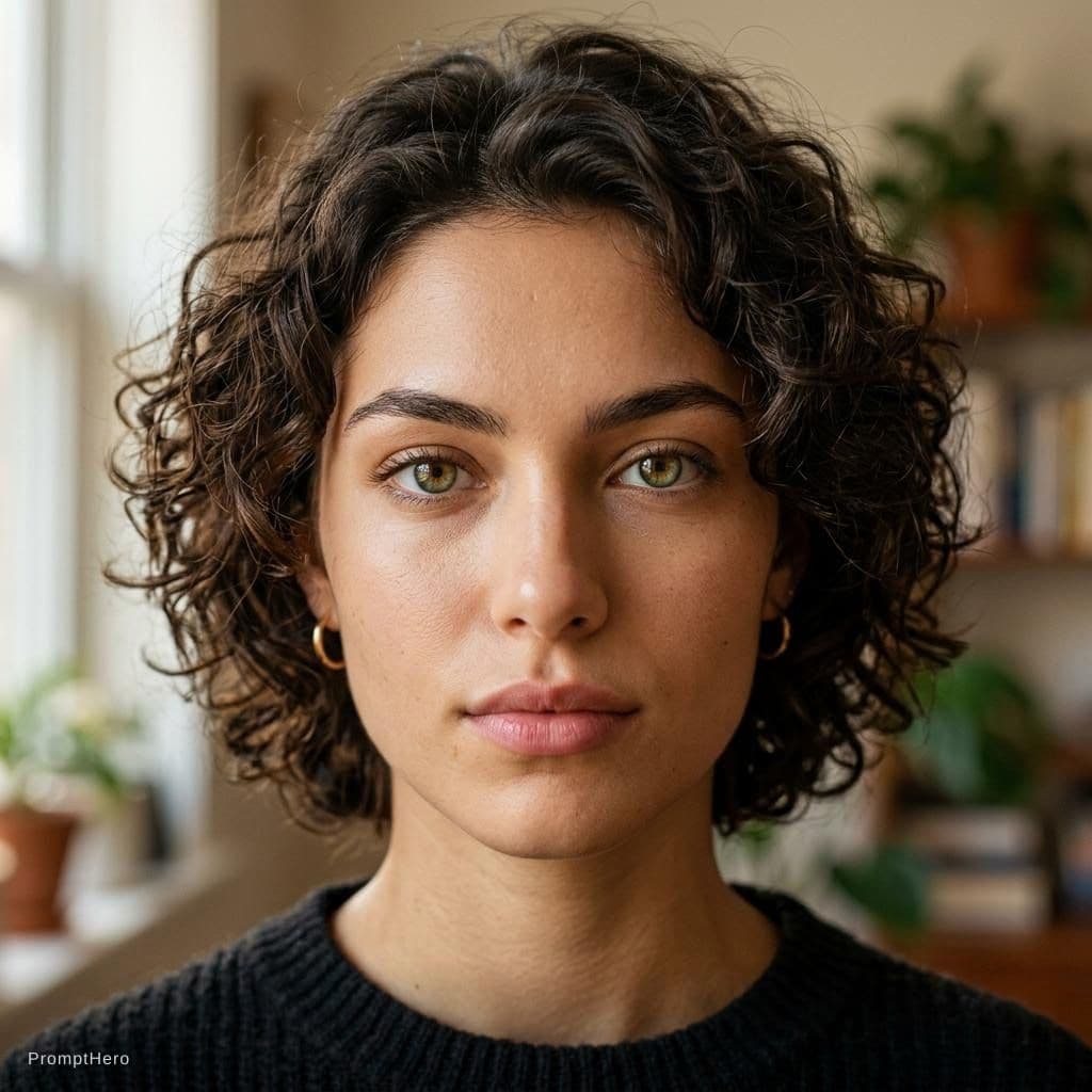 AI generated: Ultra-realistic portrait of a 18 years old woman with striking hazel-green eyes, intense and symmetr...