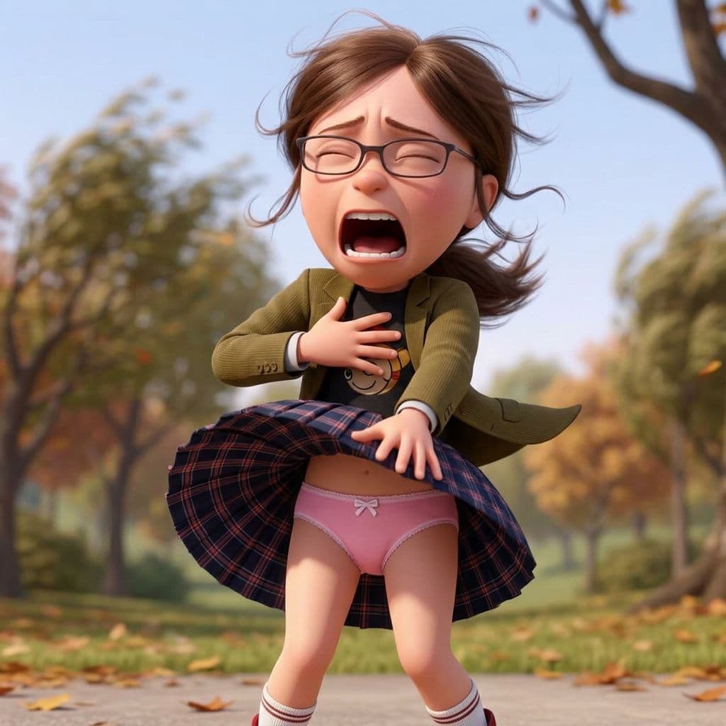AI generated: Margo gets her skirt blown by the wind and shows her pink panties and gets embarrassed and screaming