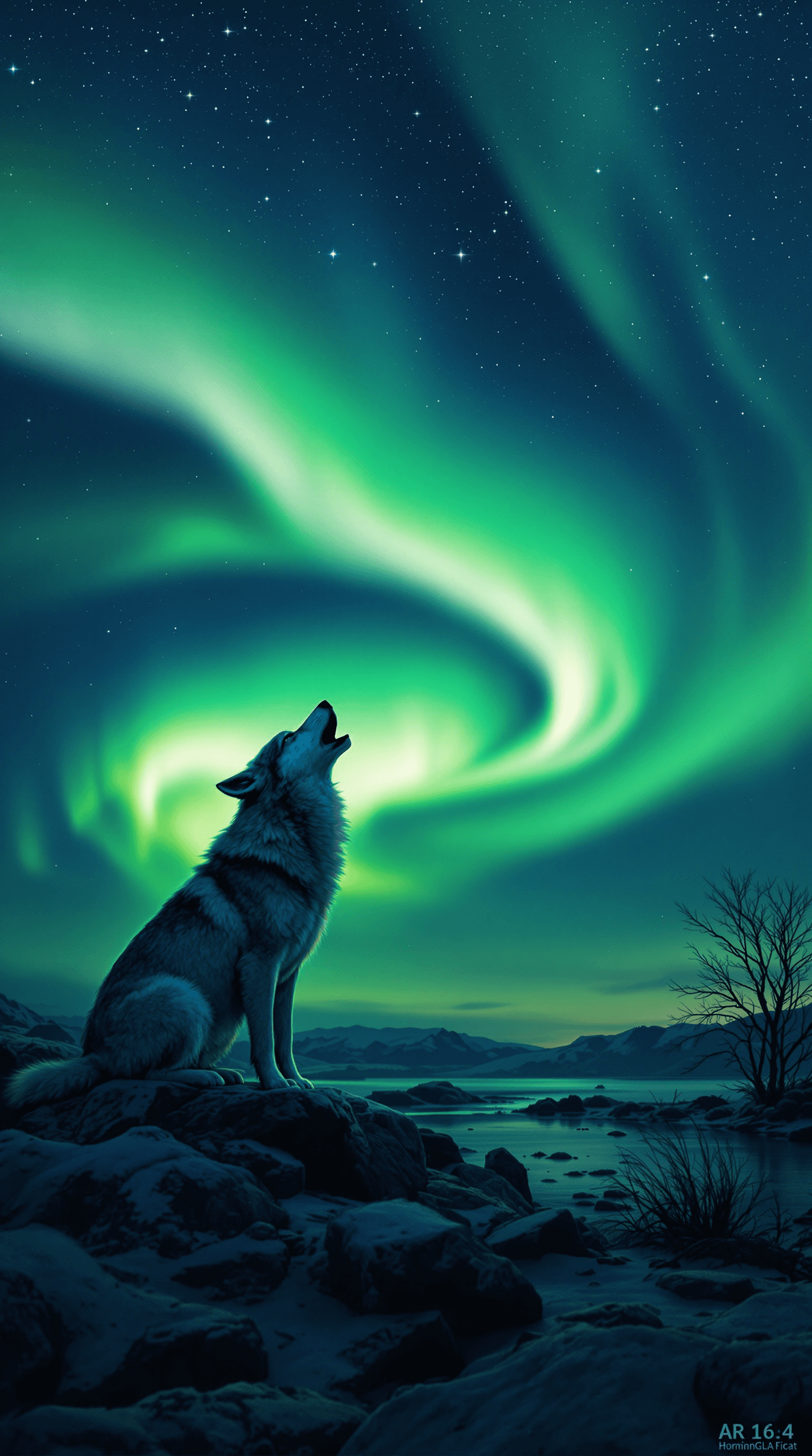 AI generated: wolf howling at the aurora borealis, legs 4, night time, sky, stars, photorealism, hyper realistic, ...