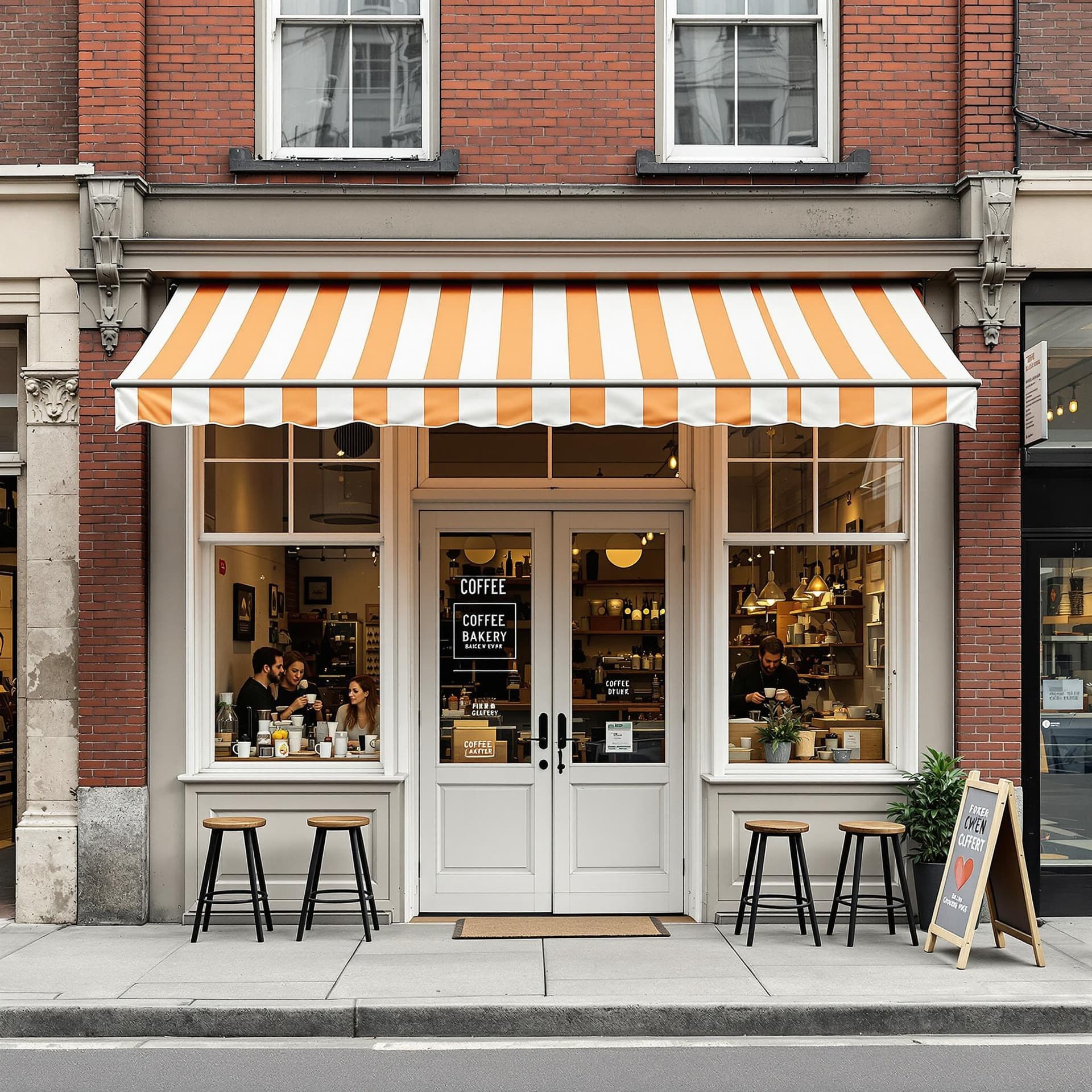AI generated: The exterior of a ground level small coffee-bakery shop with no other floors above , with white wind...
