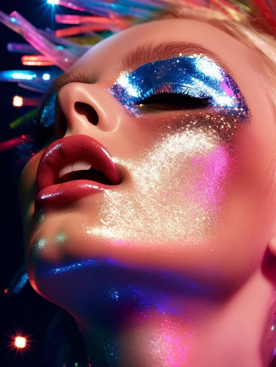 AI generated: a close up of a woman's face with bright makeup, inspired by David LaChapelle, misty neon lights, me...