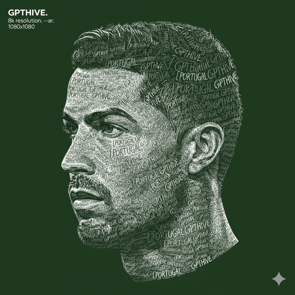 AI generated: A typography art portrait of [RONALDO] side profile face looking left. The entire image including ha...