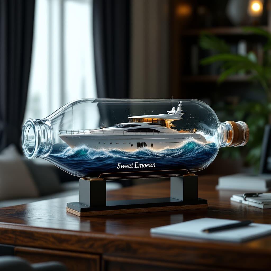 AI generated: A realistic ship in a bottle, featuring a ((2005 68 foot Lazarra ((enclosed)) fly bridge)) luxury su...
