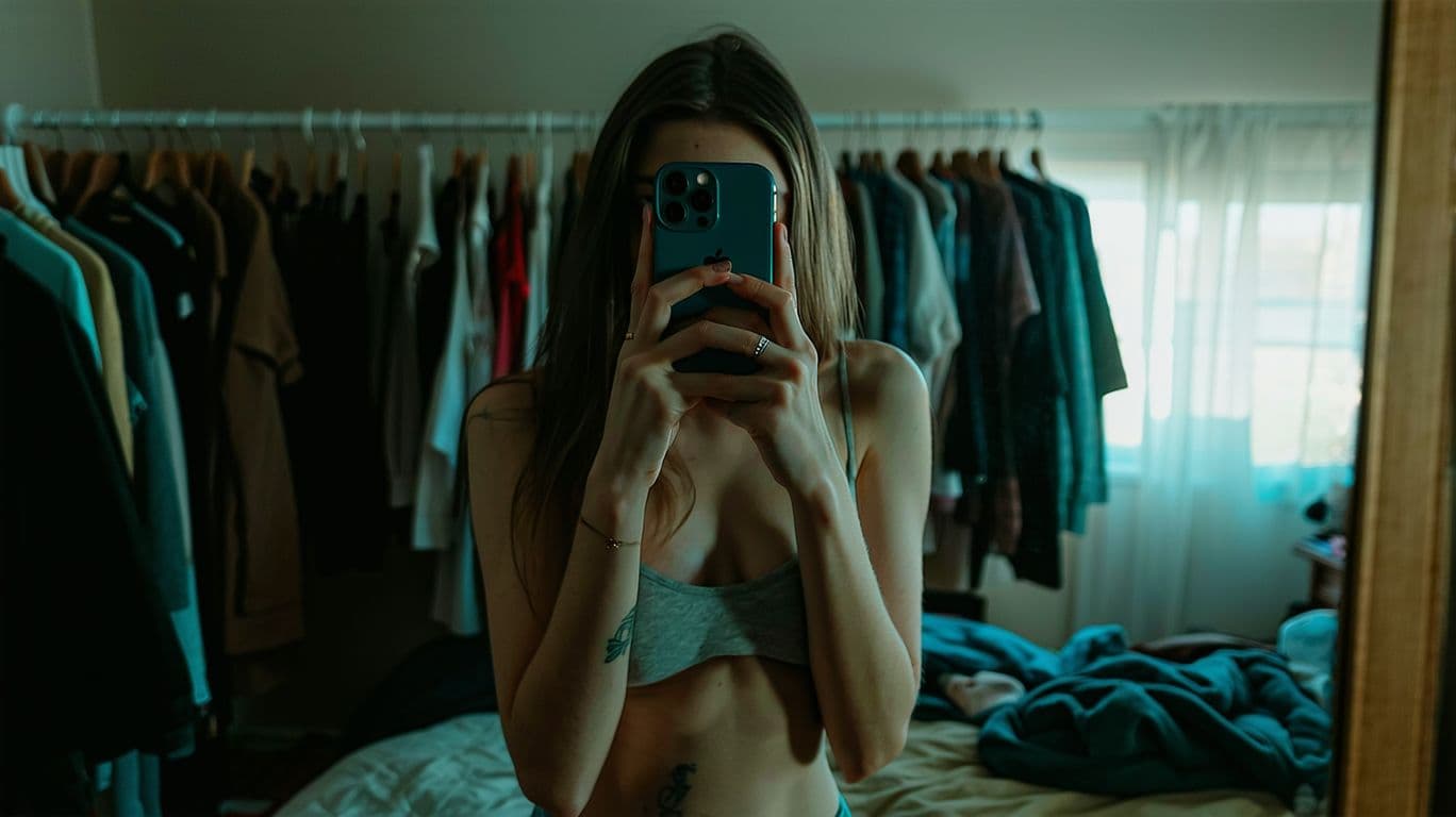 AI generated: A woman stands in front of a mirror, capturing a selfie. The image quality is grainy, with a slight ...