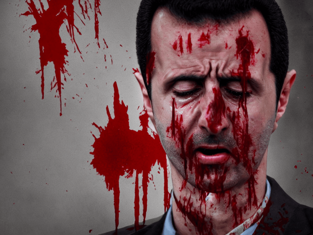 AI generated: portrait of Bashar al-assad crying tears  with blood eveywhere, realistic, cinematic lighting, highl...