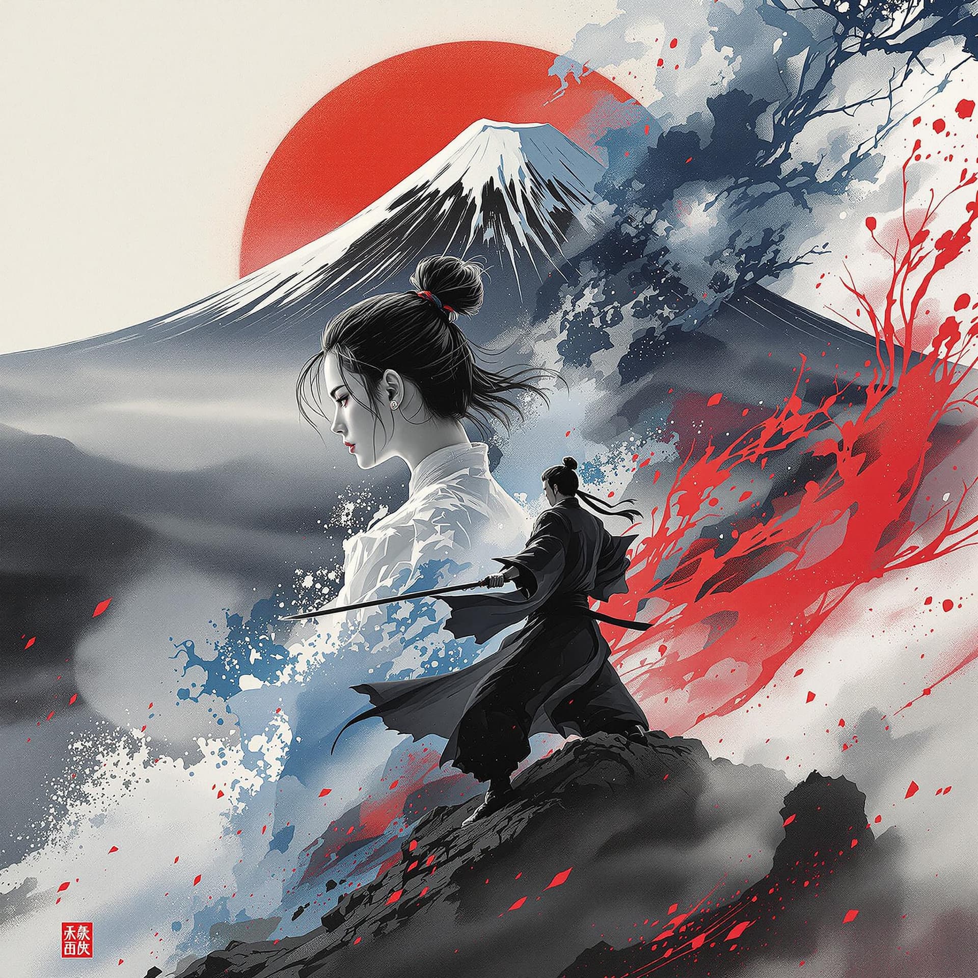 AI generated: Japanese art, martial arts movie poster, female and male characters in black, white, red, and blue, ...