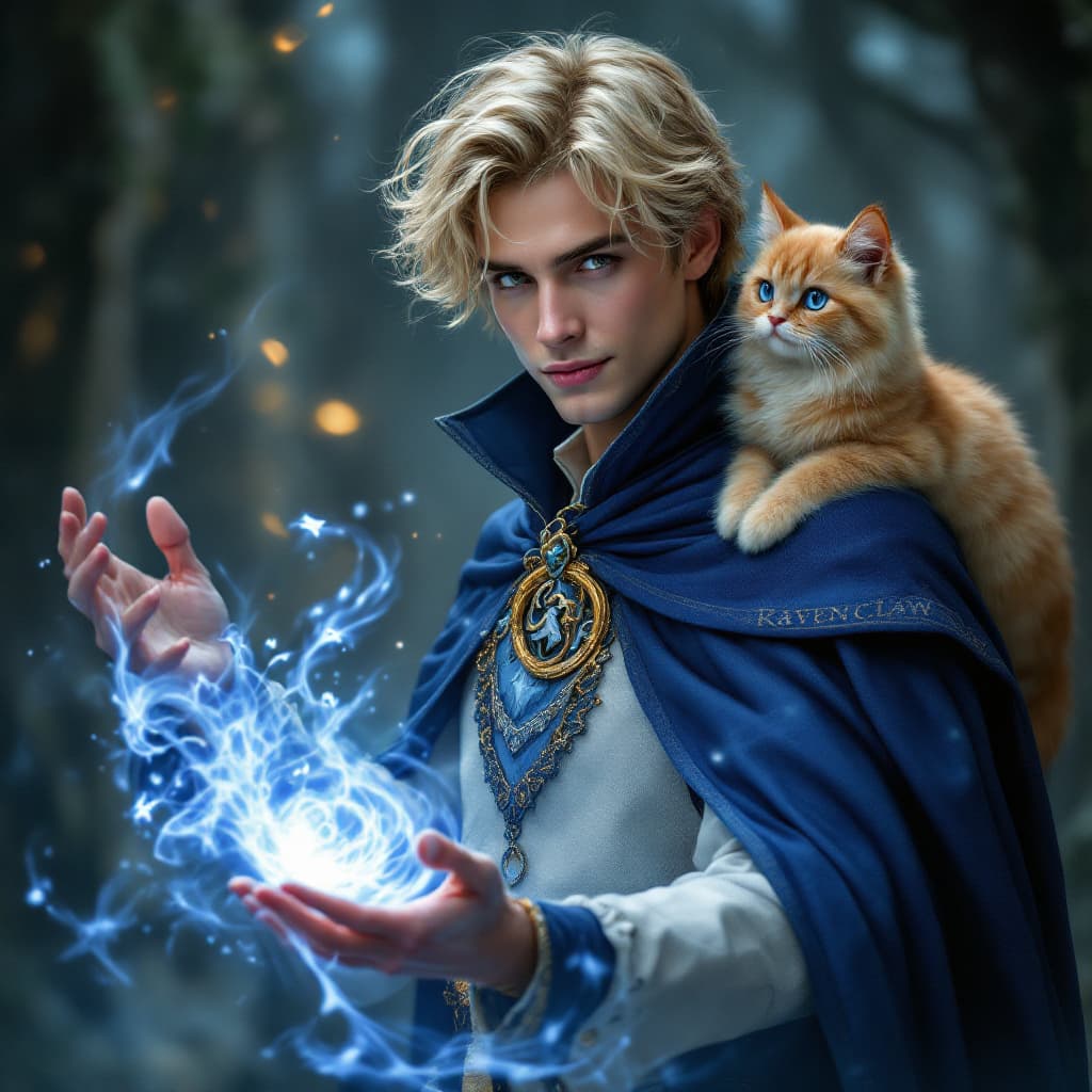 AI generated: A stunning, slim male wizard with blond/brunette hair stands poised in a magical dark fantasy realm,...