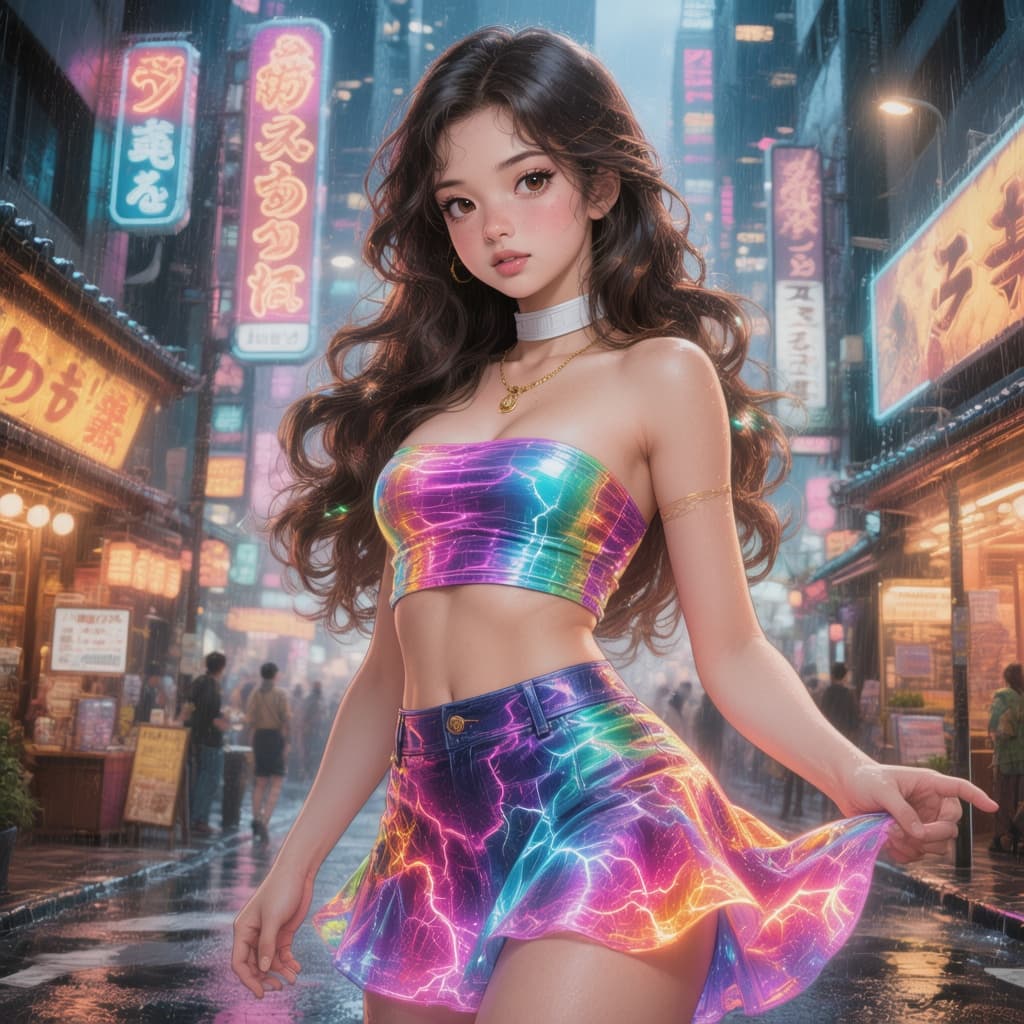 AI generated: <lora:-Omnious-:1.0>a highly detailed digital illustration depicting neon-lit cityscape at night, th...