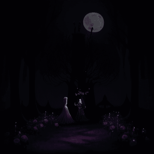 AI generated: In a gothic, moonlit setting, two spooky yet endearing characters are in the center of a surreal Val...