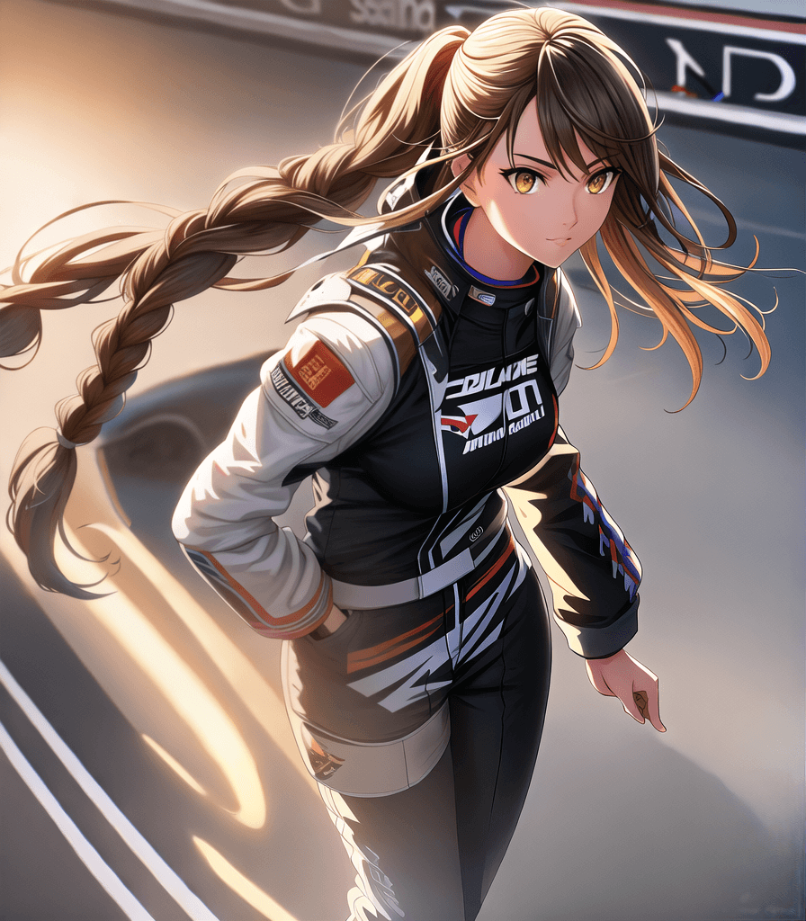 AI generated: perfect anime illustration, 1girl, braided hair, sidehair, racecar driver, firesuit, race track, car...