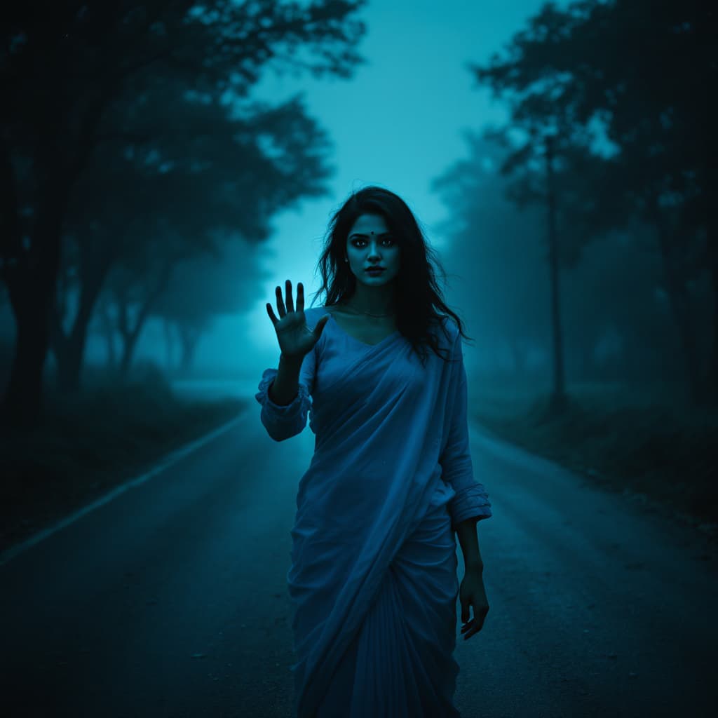 AI generated: "From the front view, a 19-year-old Indian woman with an attractive figure stands on a deserted road...