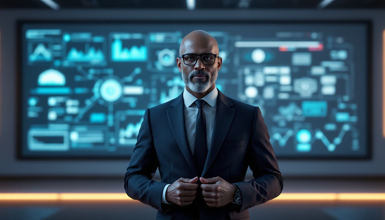 AI generated: Futuristic business coach avatar in a clean studio lecture room, giving a training session on AI, mi...