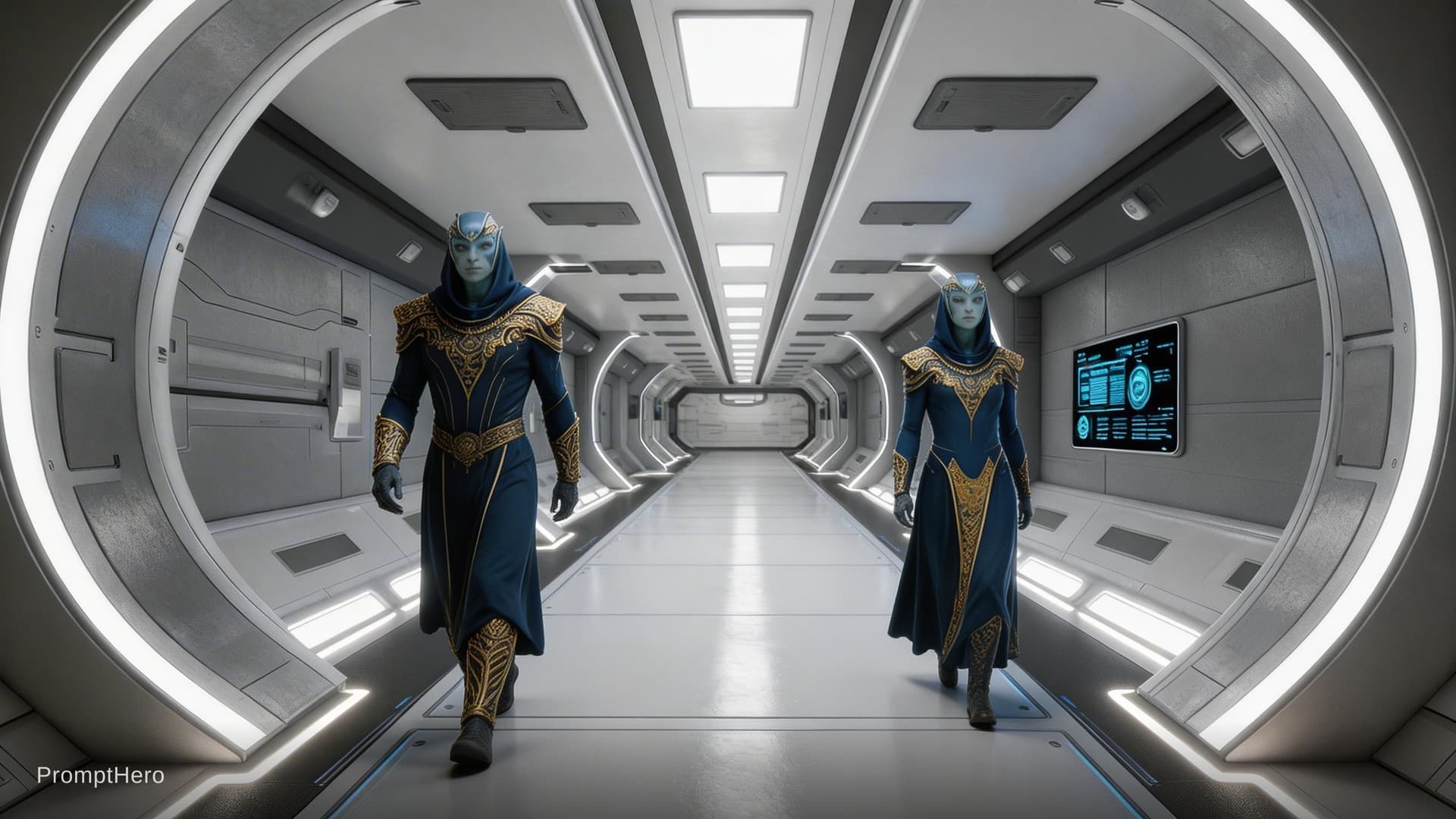 AI generated: Sci-Fi scene. Place the two alilens, male and female, walking in the corridor. Unreal Engine 5 Ultra...