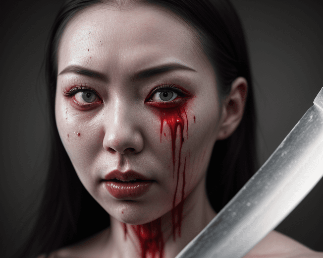 AI generated: 
Terrifying woman, stained with blood, holding a knife, Miki Asai Macro photography, close-up, hyper...