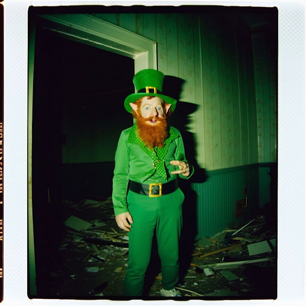 AI generated: grainy 80's photograph quality polaroid of a leprechaun caught in an abandoned house, dark, uncanny