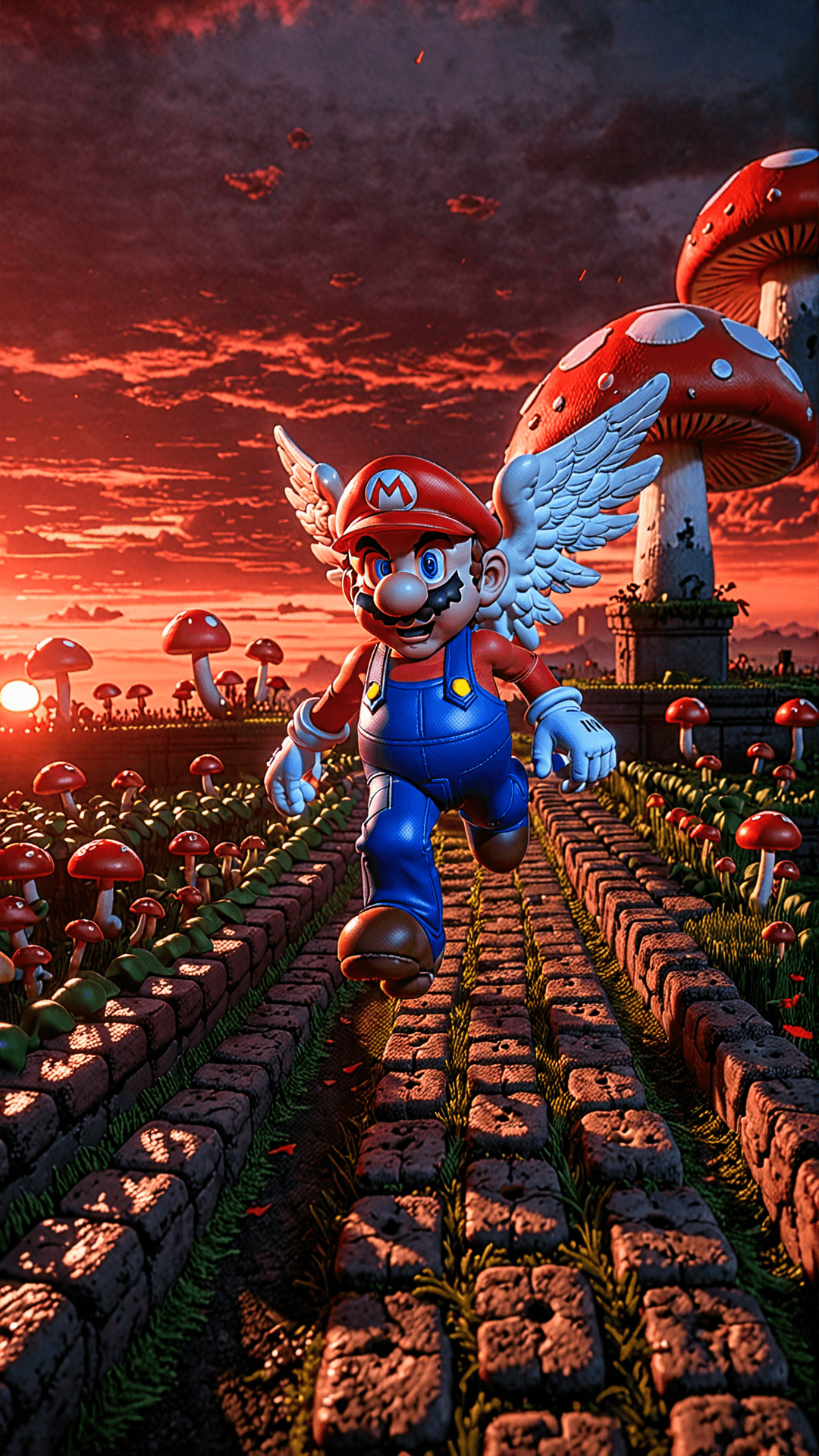AI generated: Super-Mario running, Mushroom Kingdom background, 32k, closeup, trending on polycount 3D, game, cine...