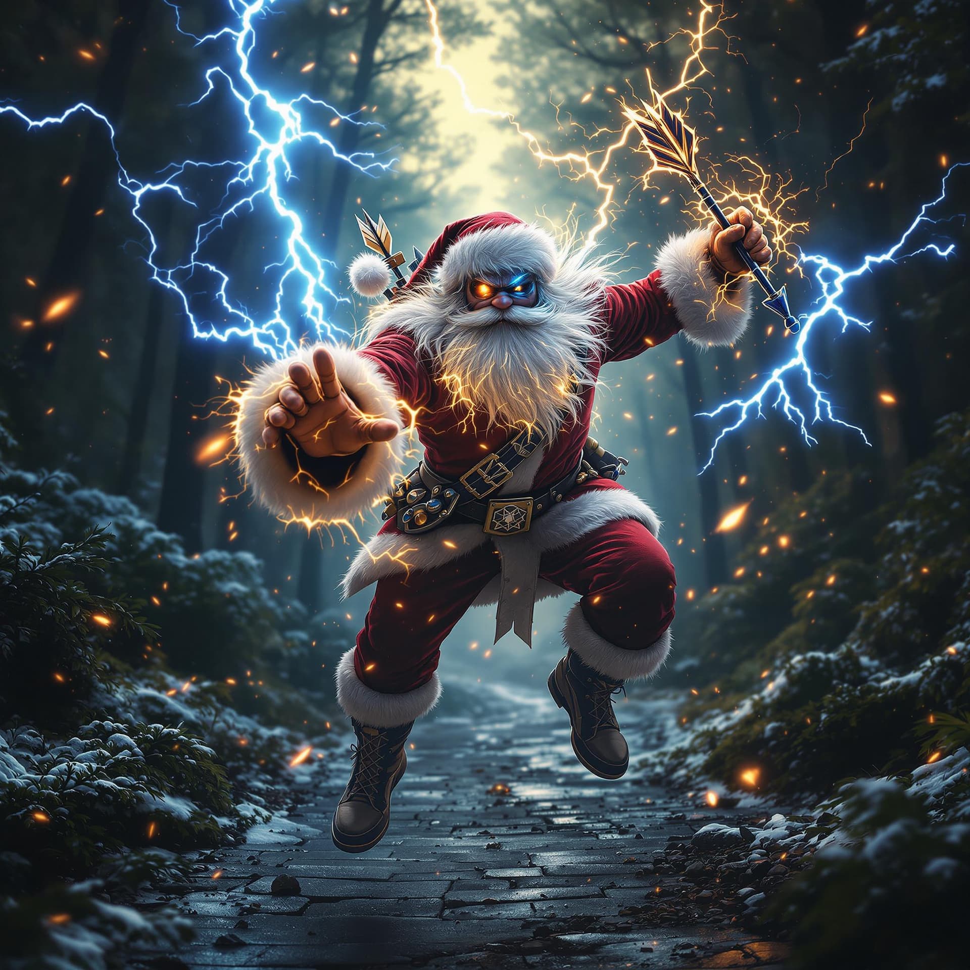 AI generated: russian uncle frost wearing rocker clothes is depicted in an action pose, swirling thunder and light...