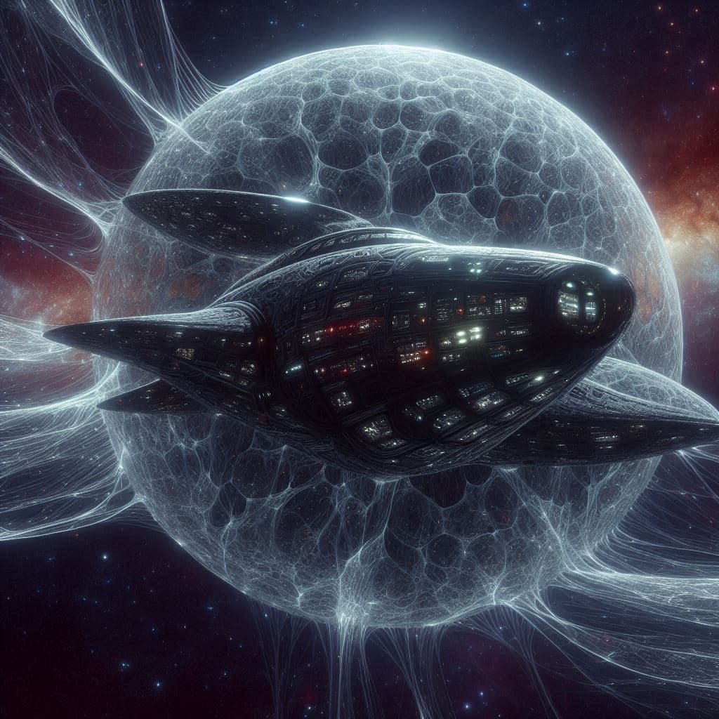 AI generated: Big in the foreground is a half-molten bionic spaceship made of translucent obsidian. The universe i...