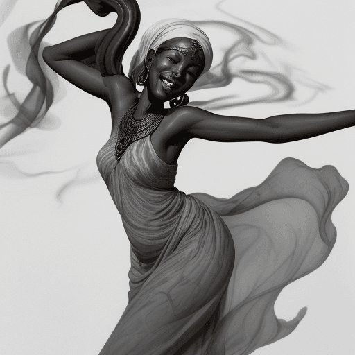 AI generated: a Sudanese woman's form floating across an image with smoke, laughing in the style of ink wash paint...