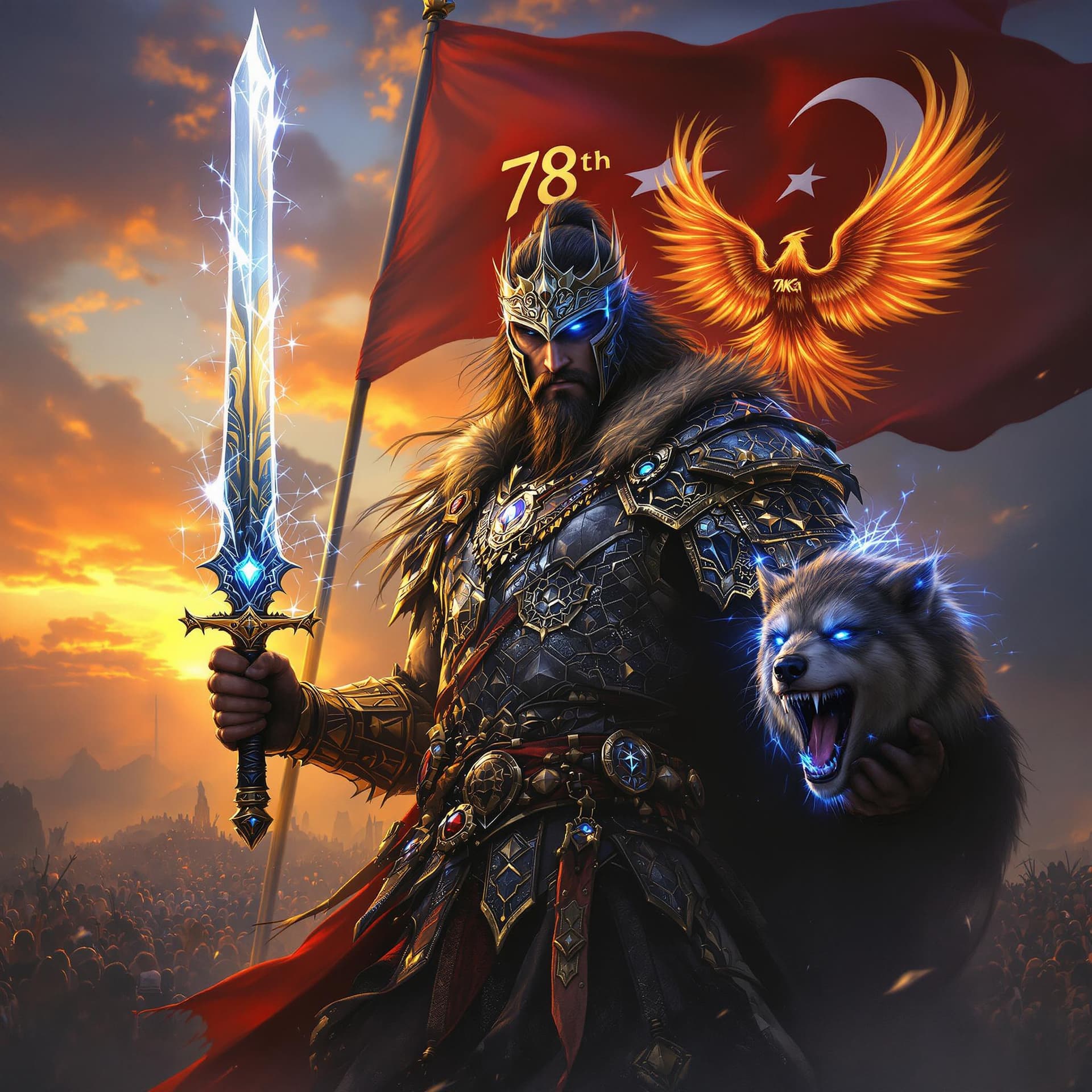 AI generated: A fierce Turkish warrior clad in traditional armor inspired by ancient Turkish mythology, holding a ...