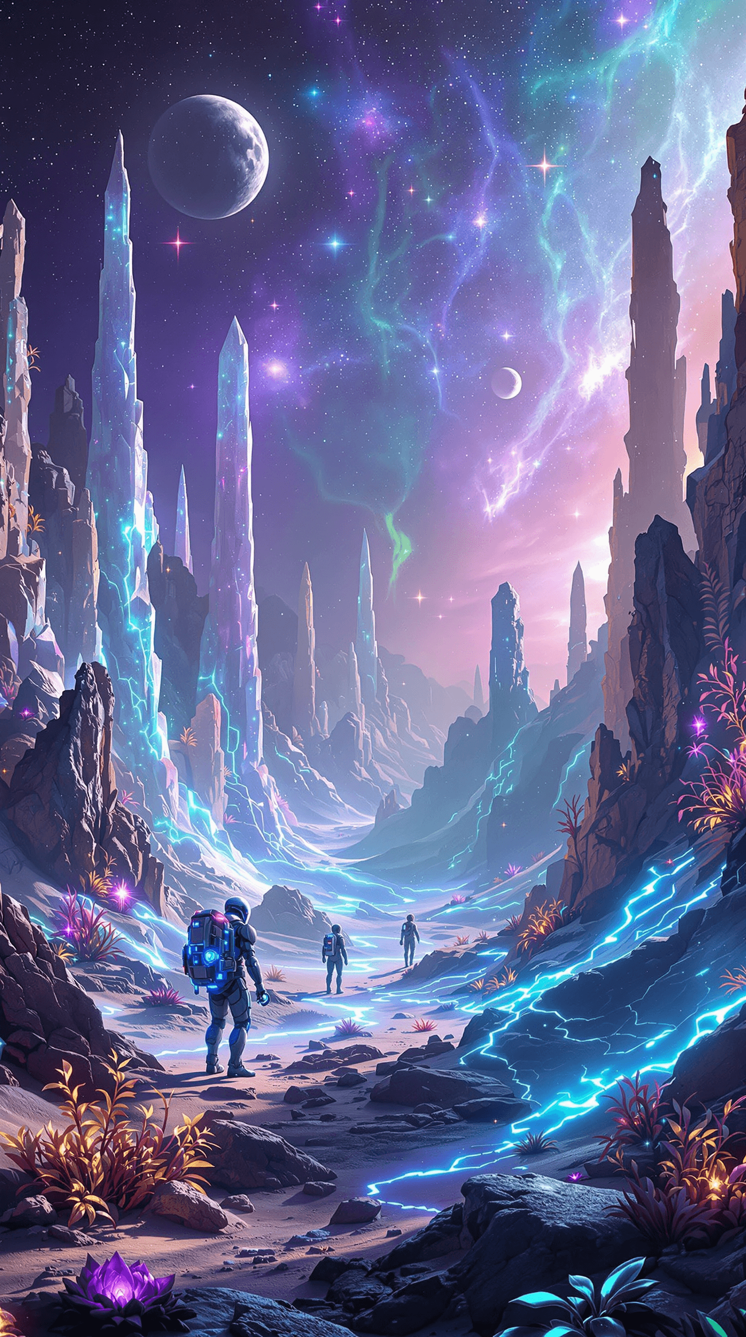 AI generated: A breathtaking **sci-fi landscape**, set on the surface of a newly discovered **exoplanet** with an ...