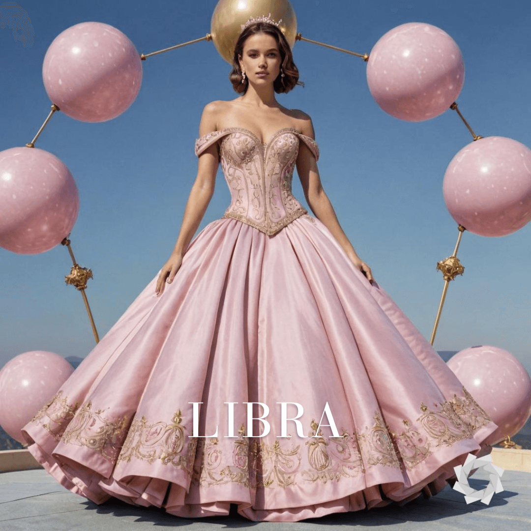 AI generated: full length portrait of a woman in a royal modest skin pink ballgown representing Libra zodiac sign,...