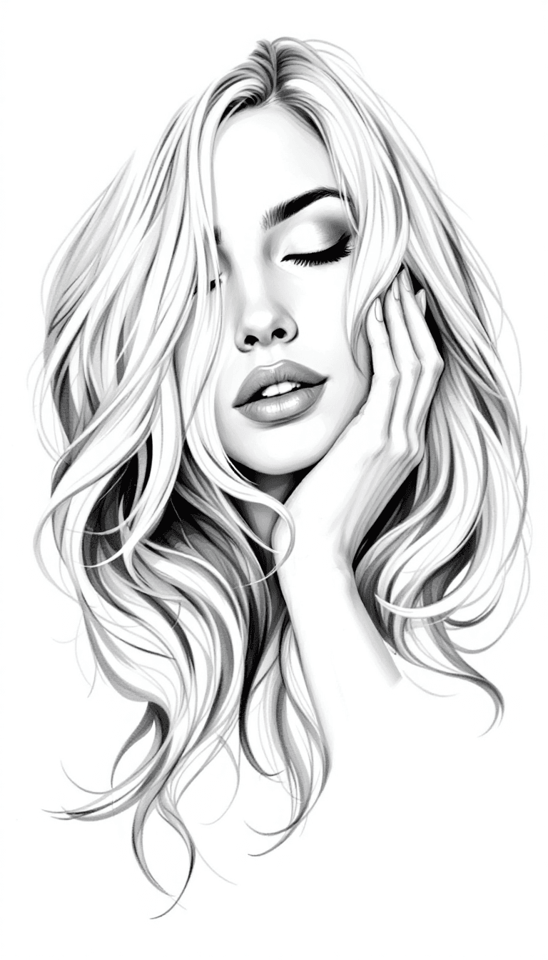 AI generated: The painting is a detailed black and white sketch of a woman with long, wavy hair that flows around ...