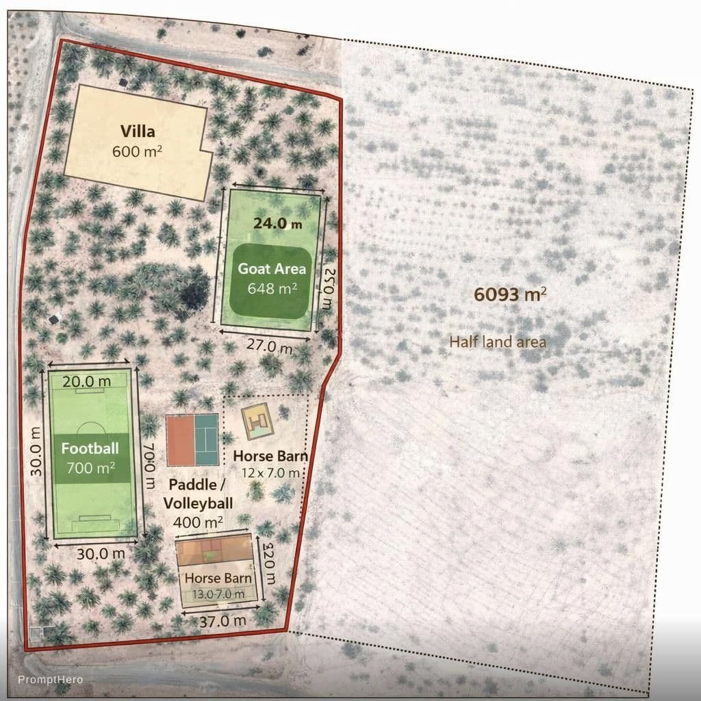 AI generated: I want layout on the land site details with exact measurements of the distribution,  villa 600 sq mt...