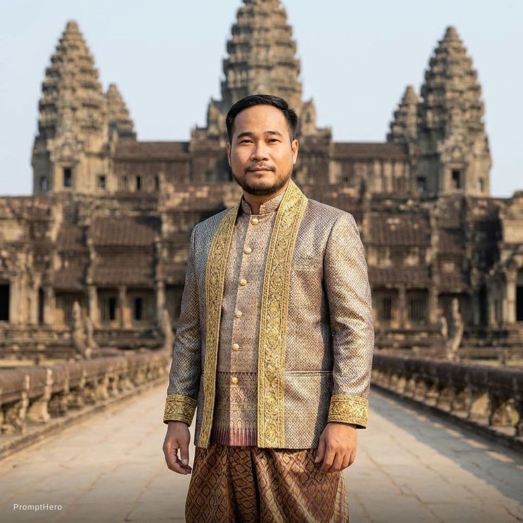 AI generated: Make my hair become shorter 
Wearing KHMER MEN TRADITIONAL CLOTHING 
Keep original face and features...
