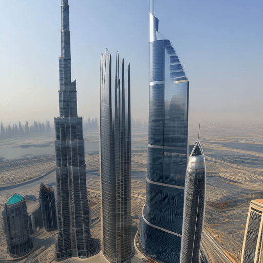 AI generated: Burj Khalifa Shanghai Tower Abraj Al-Bait Lotte World Tower all in one photo