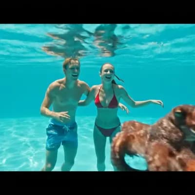 AI generated video: {
  "prompt": "Sunny summer afternoon at a private backyard pool. A couple is happily swimming and ...