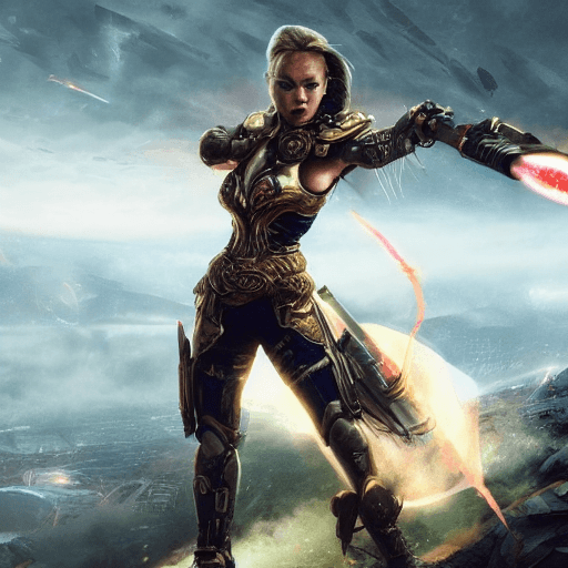 AI generated: "Create a cinematic UHD image from the year 2023, featuring a confident female warrior in a dynamic ...