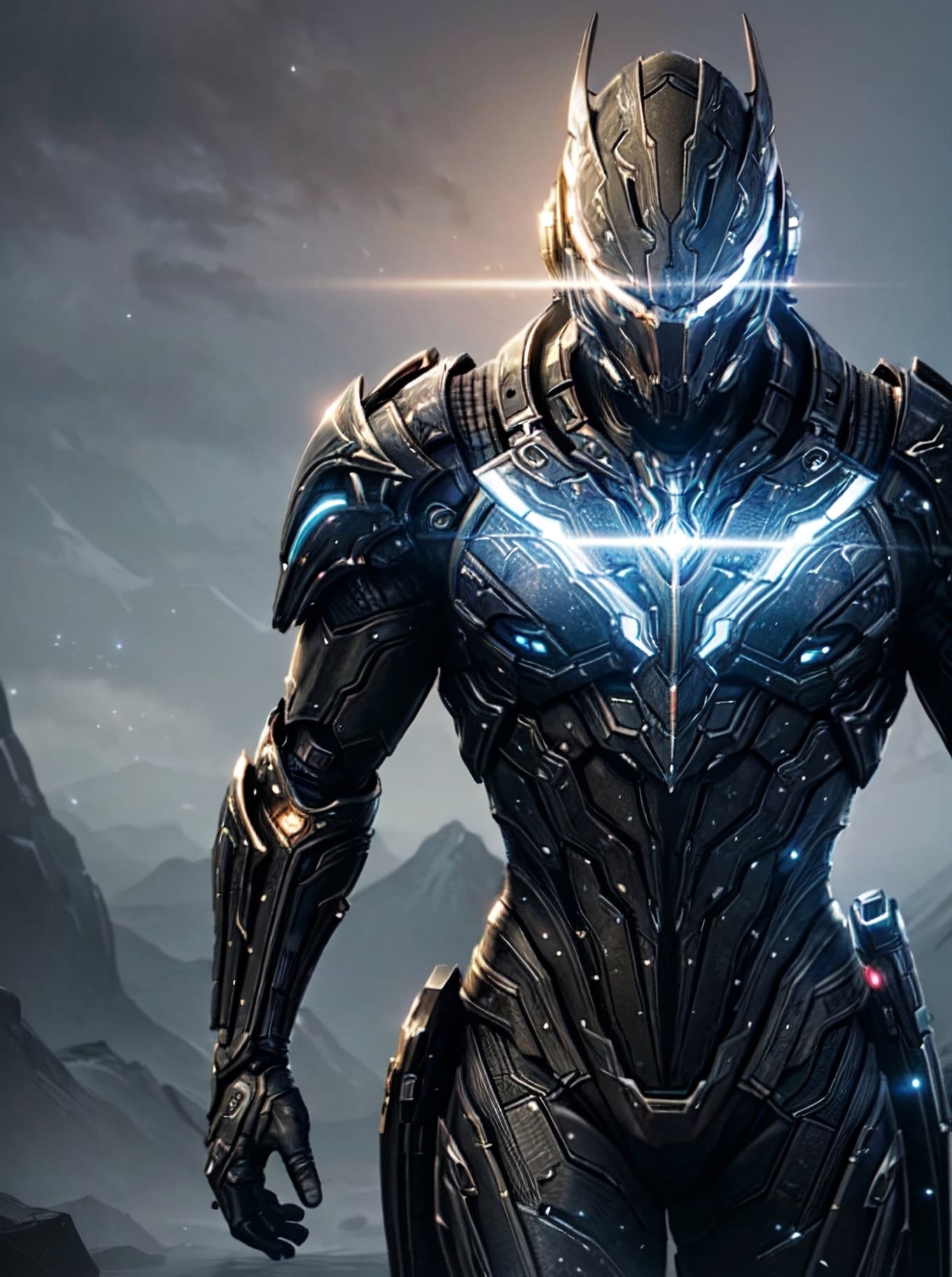 AI generated: masterpiece, best quality, 8k, fantasy painting of beautifulcyborg man, warframe style, black gold, ...