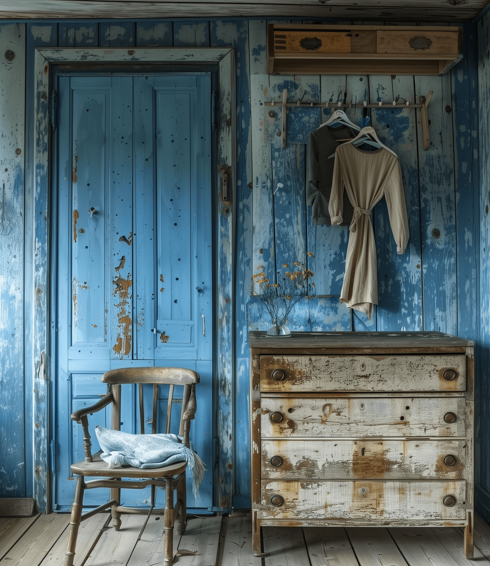 AI generated: blue painted wood walls, wooden dresser with hanging on hangers above it, small chair in front of th...