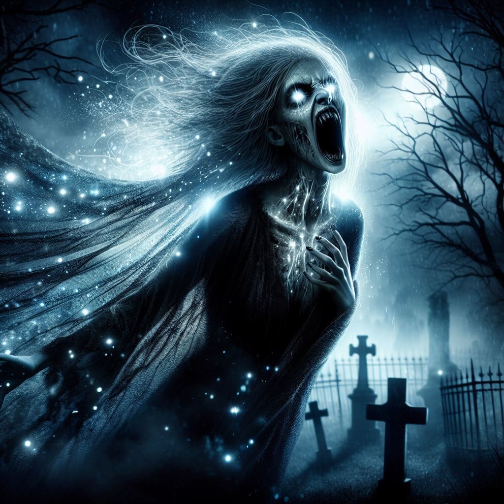 AI generated: a nightmare Version of a female banshee screaming,shiny,dynamic lights ,photorealism, on a cemetry,m...