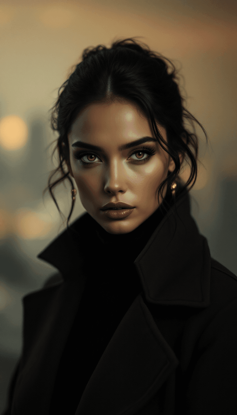 AI generated: A cinematic, moody fine-art portrait of a strikingly elegant individual, their presence exuding warm...