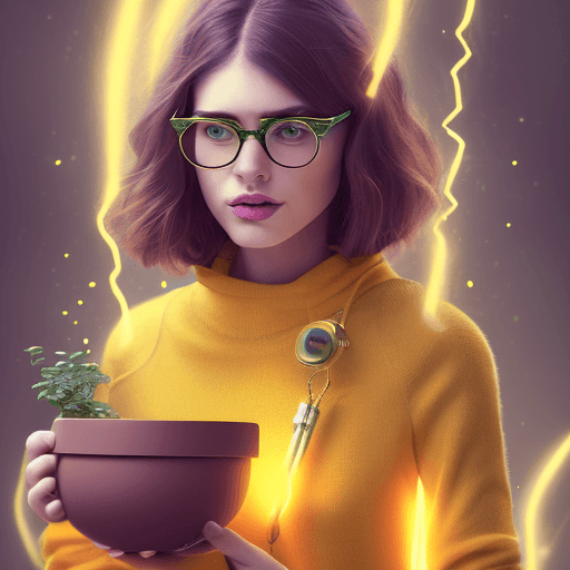 AI generated: woman with brown hair, with glasses,  holding a pot with a plant, humanoid genie, blurred environmen...