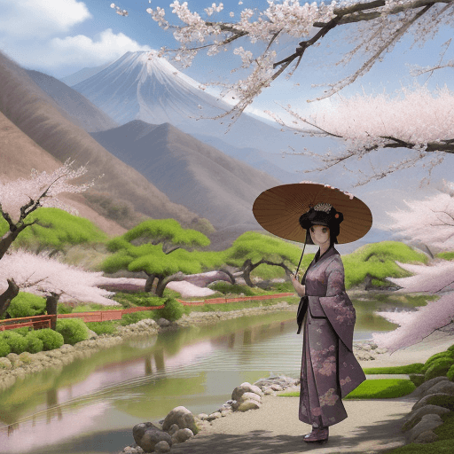 AI generated: Japanese spring garden landscape with a beautiful girl dressed orientally and with an umbrella among...