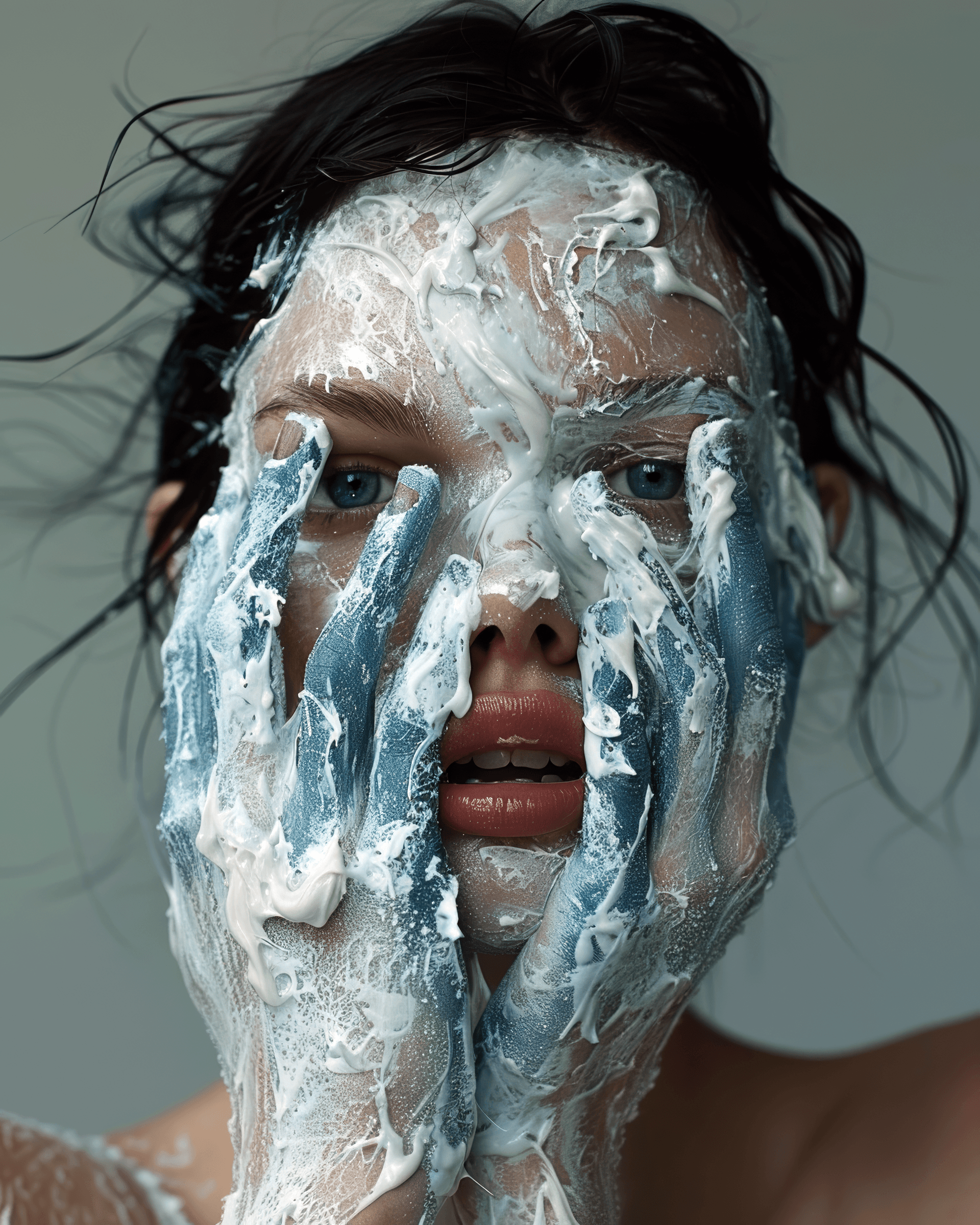 AI generated: A portrait of an attractive woman with white paint on her face and neck, blue hands made from ice co...