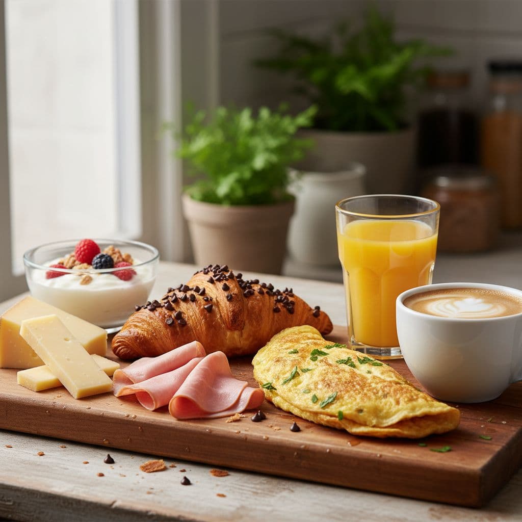 AI generated: healthy breakfast consisting of a chocolate chipped croissant, omelet, ham, cheese, yoghurt, orange ...