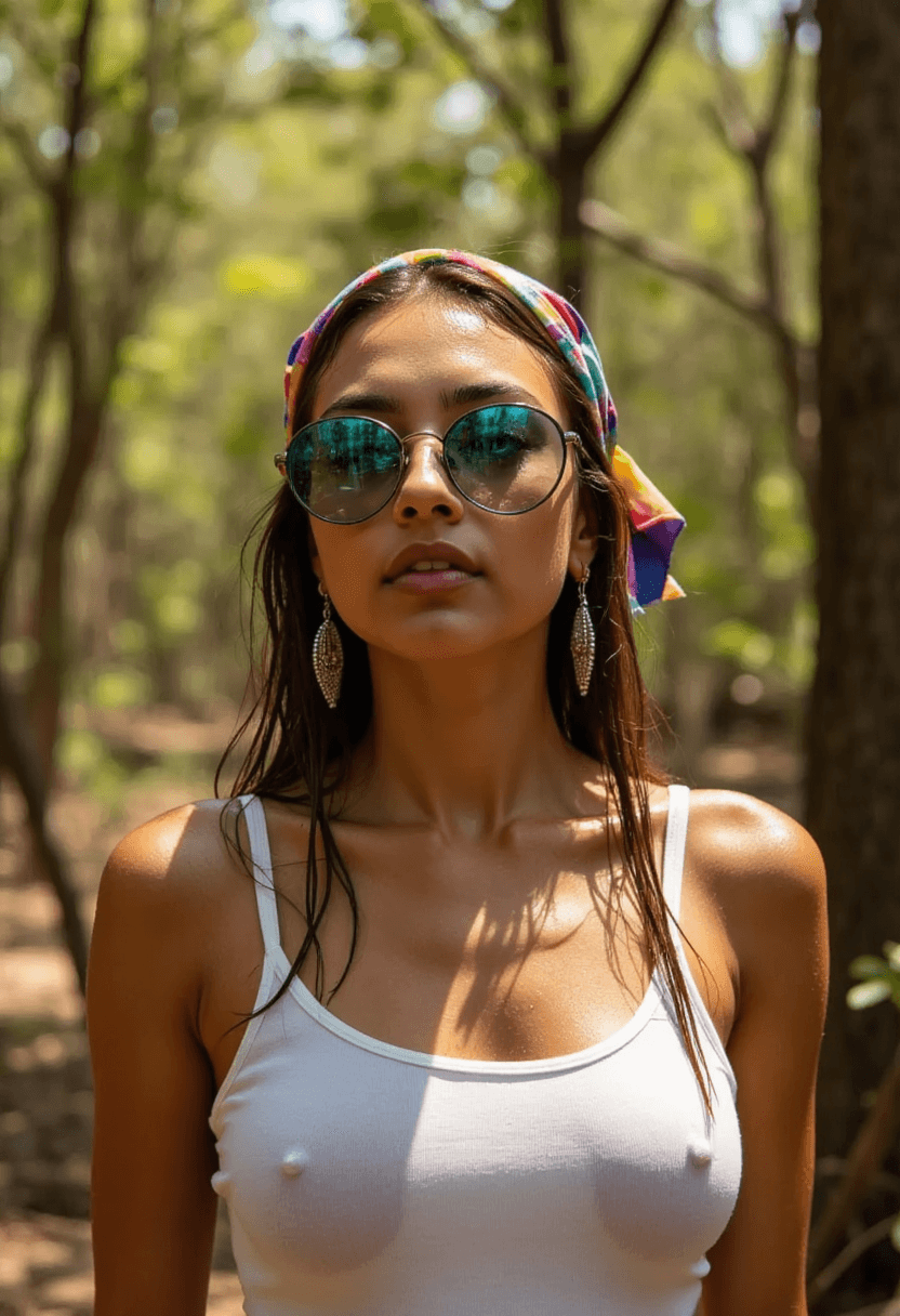 AI generated: A woman stands out against a backdrop of dense trees and shrubbery, the warm sunlight filtering thro...