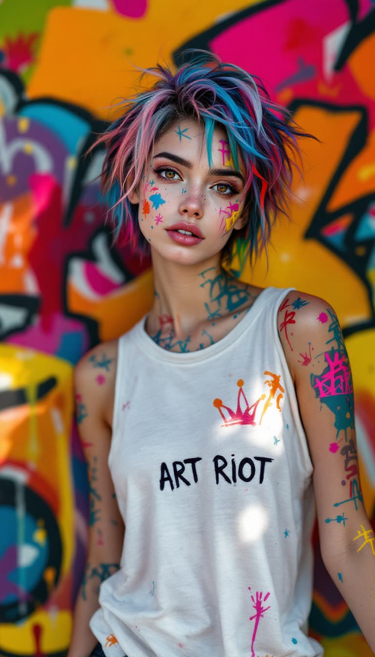 AI generated: A hyper-realistic portrait of a female graffiti artist with skin covered in abstract, vibrant graffi...