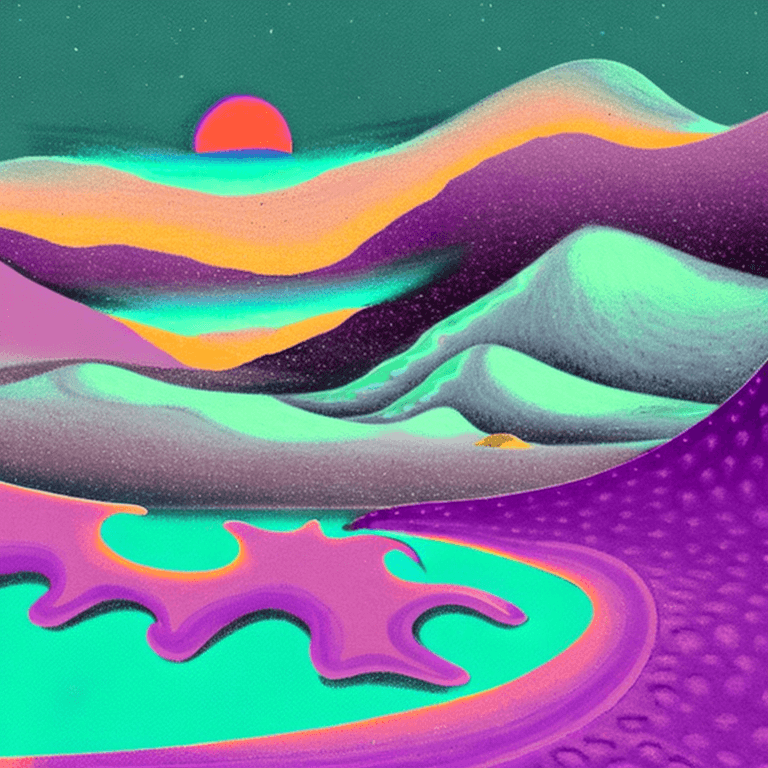 AI generated: illustration of a strange mysterious desolate desert with purple sand , painting like ,purpleish col...